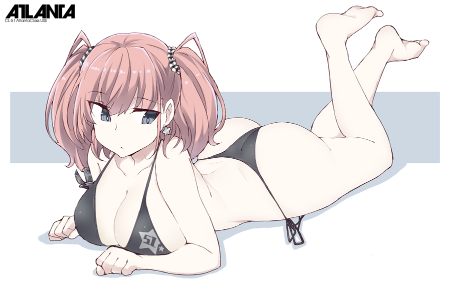 1girl ass atlanta_(kantai_collection) barefoot bikini black_bikini breasts brown_hair character_name collarbone commentary_request earrings eyebrows_visible_through_hair full_body grey_eyes hair_between_eyes halterneck jewelry kantai_collection large_breasts long_hair lying on_stomach side-tie_bikini solo souji star star_earrings string_bikini swimsuit two_side_up