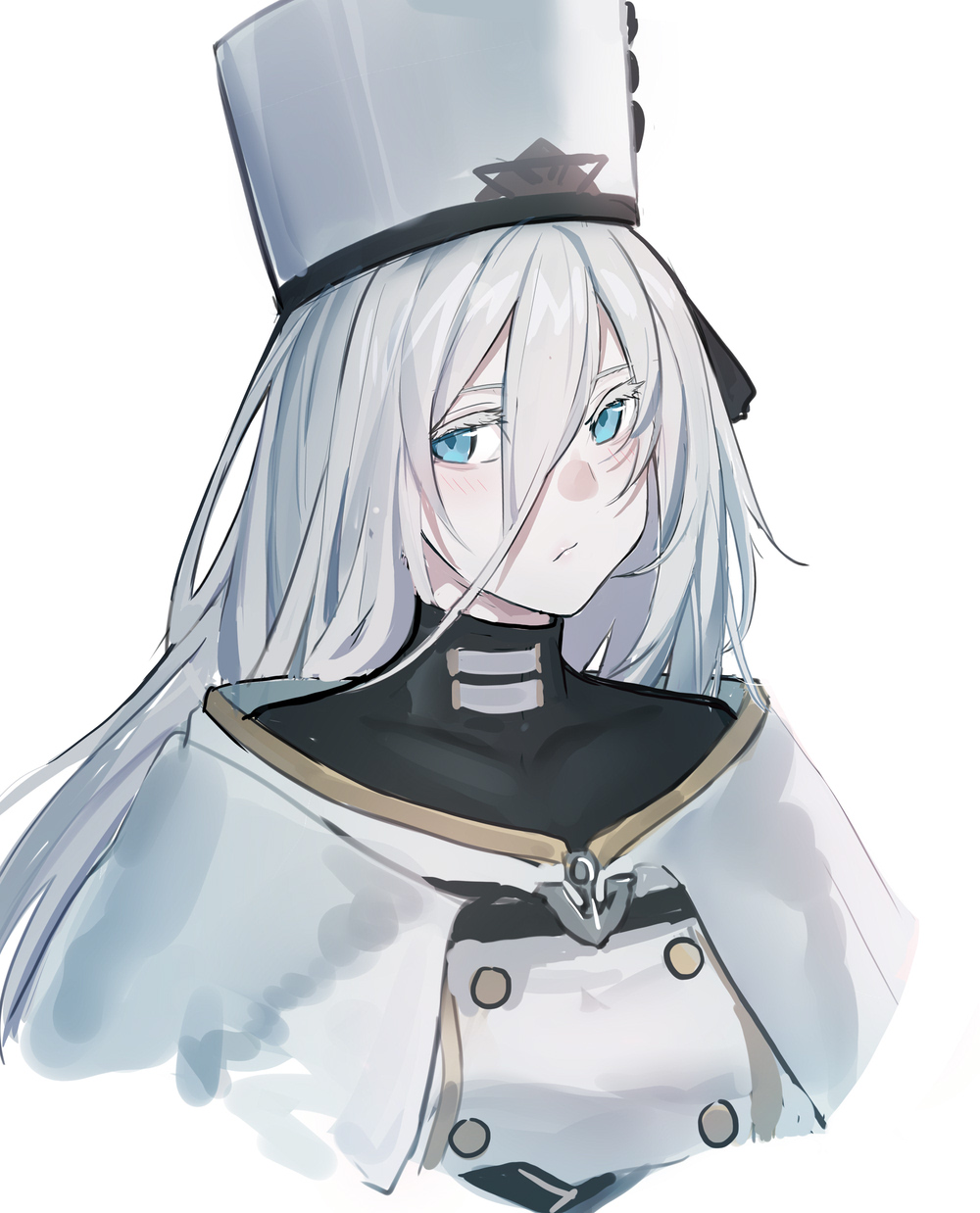 1girl azur_lane blue_eyes blush closed_mouth double-breasted echj hair_between_eyes hat high_collar highres long_hair looking_at_viewer military military_hat military_uniform silver_hair simple_background solo sovetsky_soyuz_(azur_lane) tagme uniform white_background white_headwear