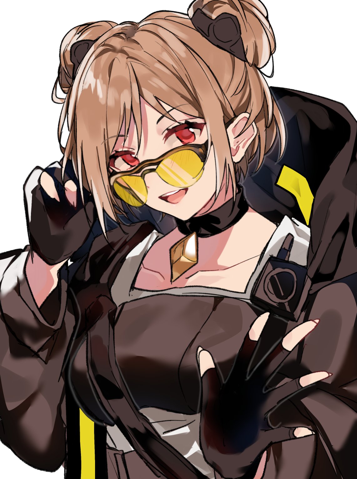 1girl aogisa black_gloves blush brown_hair choker coat colored_lenses double_bun fingerless_gloves girls_frontline gloves highres long_sleeves open_mouth orange-tinted_eyewear p90_(girls_frontline) radio red_eyes short_hair solo sunglasses tactical_clothes tinted_eyewear