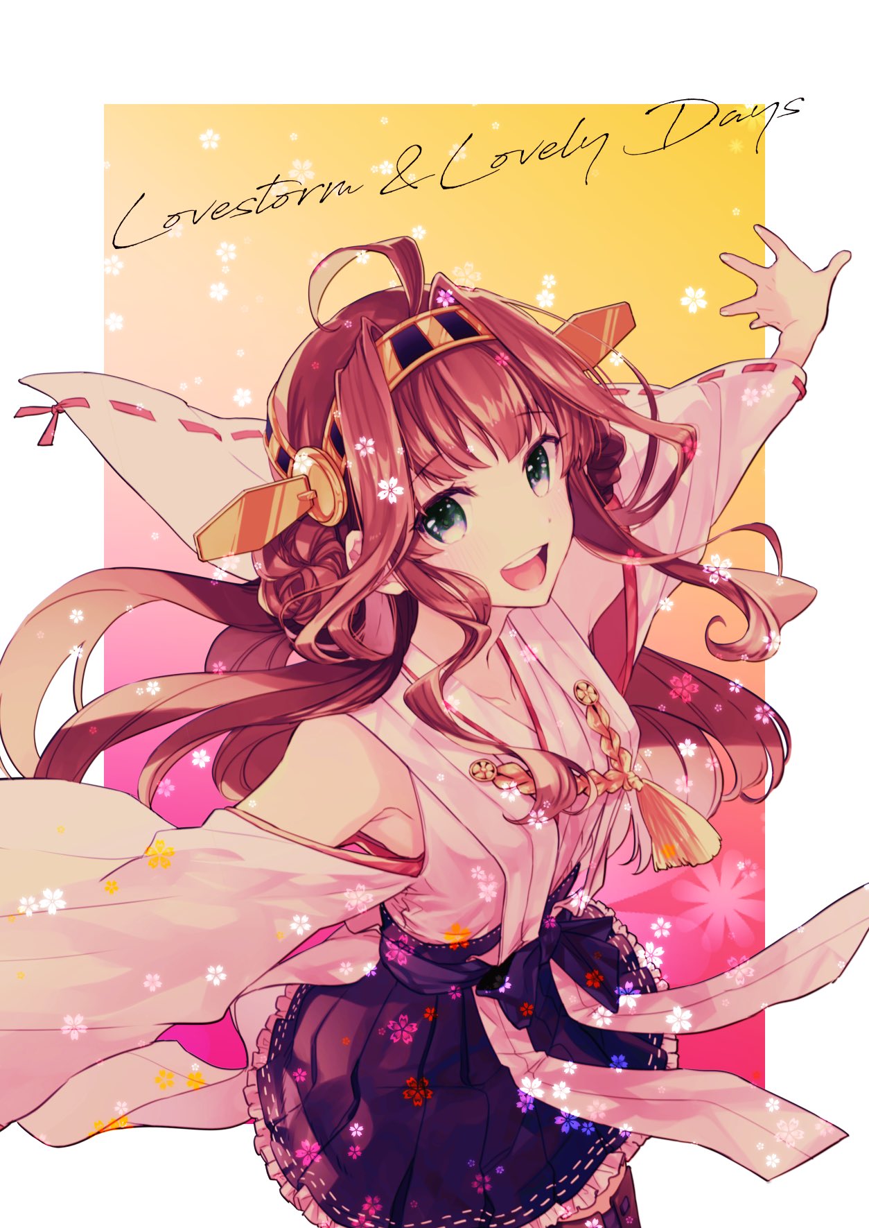 1girl :d ahoge bangs bare_shoulders black_eyes border brown_hair collarbone detached_sleeves english_text eyebrows_visible_through_hair flower frilled_skirt frills gradient gradient_background headgear highres kantai_collection kongou_(kantai_collection) long_hair long_sleeves multicolored multicolored_background nontraditional_miko open_mouth outline outstretched_arms pleated_skirt ribbon-trimmed_sleeves ribbon_trim round_teeth skirt smile solo tassel teeth upper_teeth very_long_hair white_border wide_sleeves you_(yht_ak)