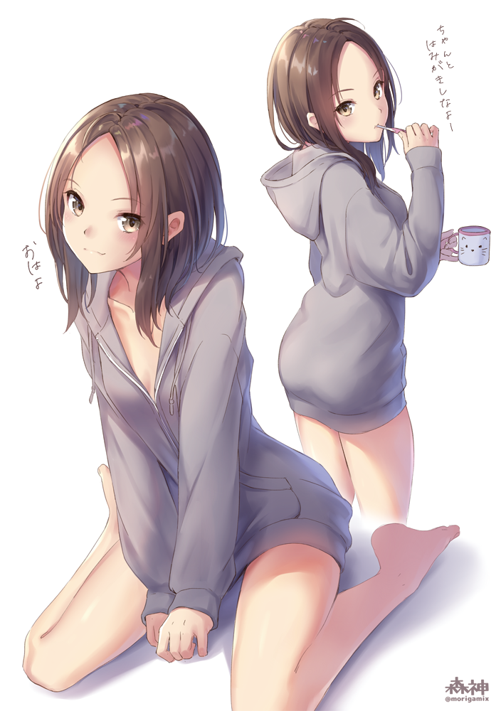 1girl ass bare_legs barefoot between_legs breasts brushing_teeth collarbone cup drawstring forehead from_behind grey_hoodie hand_between_legs head_tilt holding holding_cup hood hood_down hoodie long_hair long_sleeves looking_at_viewer looking_back medium_breasts morigami_(morigami_no_yashiro) multiple_views no_pants original sidelocks simple_background sitting toothpick translated twitter_username wariza white_background