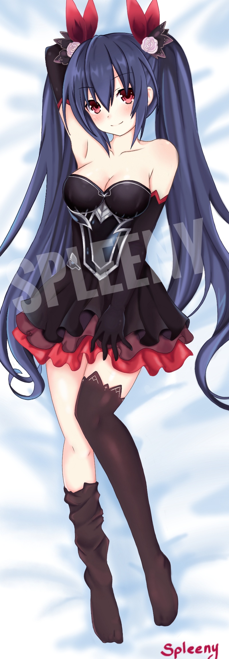 1girl artist_name black_dress black_hair choujigen_game_neptune dakimakura dress girl_on_top highres legs long_hair neptune_(series) noire red_eyes self_upload smile solo source_request spleeny twintails watermark