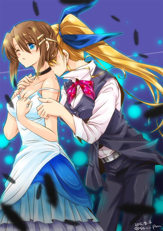 age_difference alternate_costume blonde_hair blue_eyes blue_ribbon blush breasts brown_hair collarbone collared_shirt couple dress hair_ribbon kiss long_hair looking_at_another lyrical_nanoha mahou_shoujo_lyrical_nanoha_vivid multiple_girls neck neck_kiss neck_ribbon pants ribbon san-pon shirt short_hair side_ponytail simple_background vest vivio yagami_hayate yuri