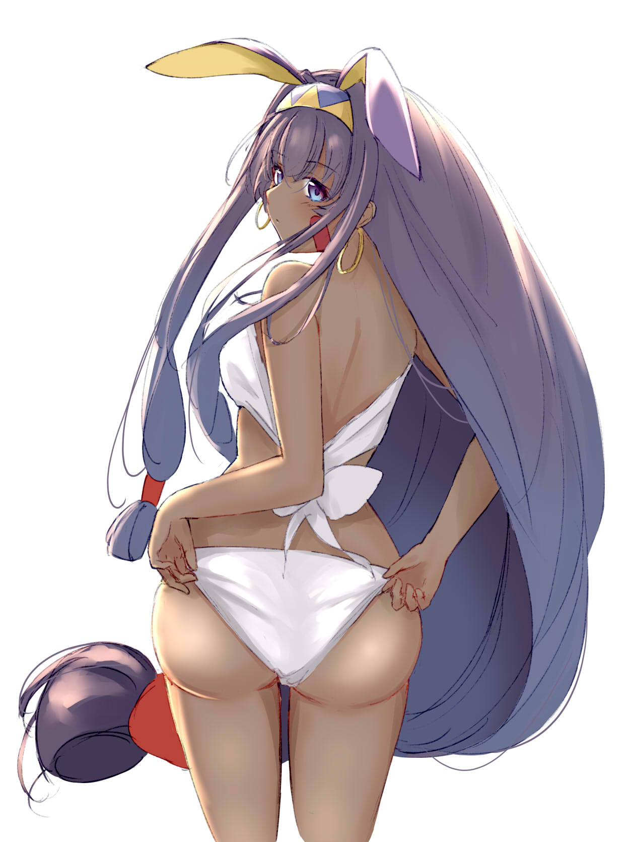 1girl adjusting_clothes adjusting_swimsuit animal_ears ass bangs bare_arms bare_shoulders bikini blue_eyes blush bracelet closed_mouth commentary_request dark_skin earrings facial_mark fake_animal_ears fate/grand_order fate_(series) from_behind hair_ornament hairband highres hoop_earrings jewelry long_hair looking_at_viewer looking_back nitocris_(fate/grand_order) purple_hair solo swimsuit syica thighs tied_hair white_bikini