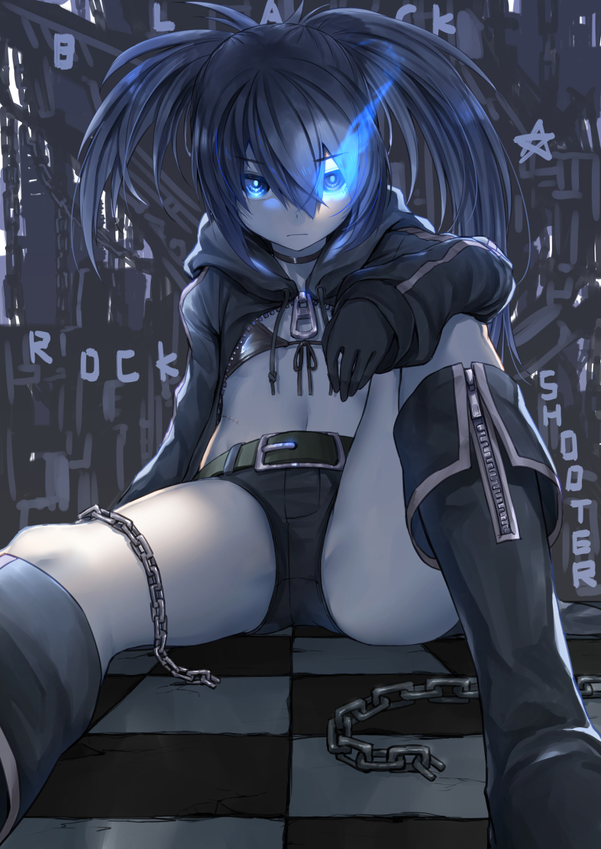1girl bangs belt bikini_top black_belt black_bikini_top black_footwear black_gloves black_rock_shooter black_rock_shooter_(character) black_shorts blue_eyes boots chain closed_mouth eyebrows_visible_through_hair flaming_eye gloves hair_between_eyes highres hood hood_down long_hair long_sleeves pale_skin shorts sitting solo star twintails uneven_twintails zipper zombie_mogura