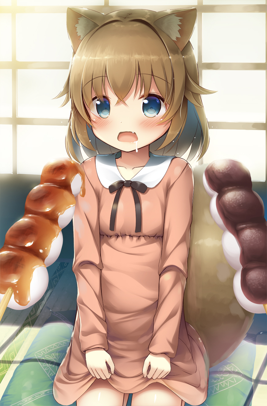 1girl animal_ear_fluff animal_ears bangs blue_eyes blush brown_hair commentary_request dango dress drooling eyebrows_visible_through_hair facing_viewer food highres indoors medium_hair open_mouth original psyche3313 sitting solo tail wagashi