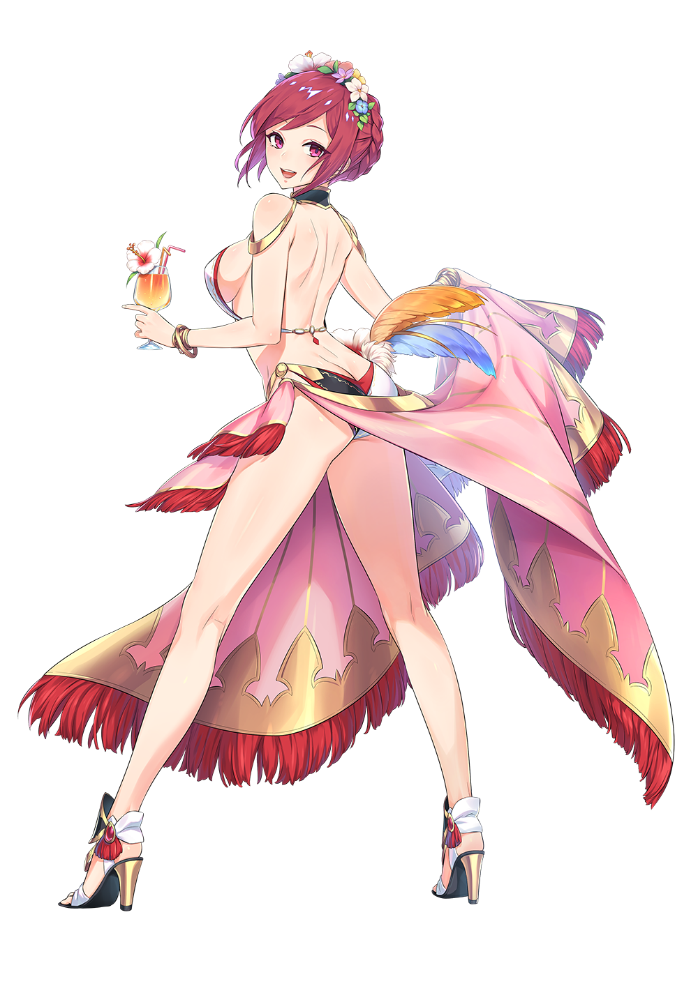 1girl bikini braid breasts feathers flamy flower french_braid full_body hair_flower hair_ornament high_heels highres holding_drink idola_phantasy_star_saga looking_at_viewer official_art open_mouth phantasy_star red_eyes redhead sarong sideboob solo standing swimsuit