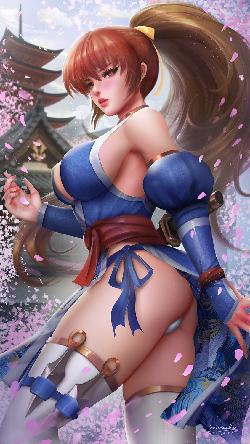 1girl arm_guards ass bangs bare_shoulders blue_kimono blush breasts brown_hair day dead_or_alive detached_sleeves eyebrows_visible_through_hair hair_ribbon high_ponytail highres japanese_clothes kasumi_(doa) kaze_no_gyouja kimono kunai large_breasts long_hair long_sleeves looking_at_viewer orange_hair outdoors pagoda panties parted_lips petals pink_lips red_eyes revealing_clothes ribbon sheath sheathed sideboob signature solo spring_(season) standing sword thigh-highs two-tone_background underwear very_long_hair weapon white_legwear white_panties yellow_ribbon