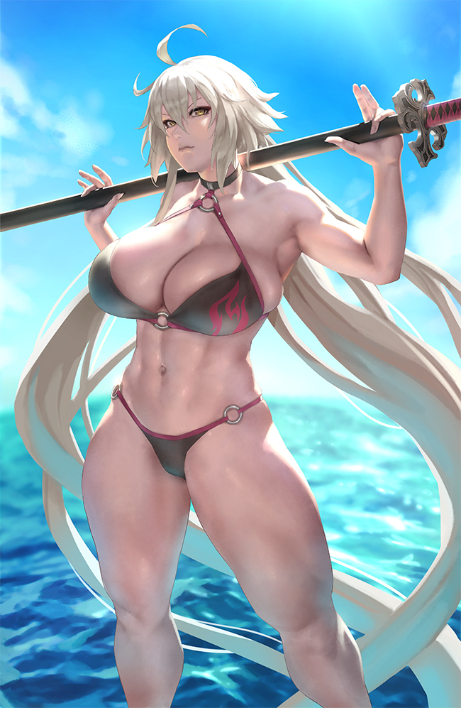 1girl ahoge blue_sky breasts choker eu03 fate/grand_order fate_(series) flame_print holding holding_weapon jeanne_d'arc_(alter_swimsuit_berserker) jeanne_d'arc_(fate)_(all) large_breasts long_hair looking_at_viewer midriff navel o-ring o-ring_bikini o-ring_bottom ocean platinum_blonde_hair sky sword toned weapon yellow_eyes