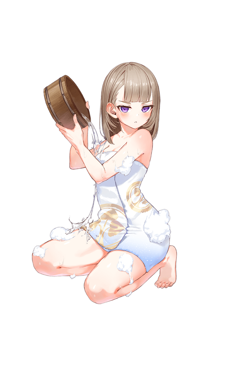 1girl barefoot blush bucket full_body highres holding holding_bucket light_brown_hair looking_at_viewer naked_towel official_art parted_lips pouring_onto_self shirohime_quest soap_bubbles solo squatting towel transparent_background violet_eyes wet