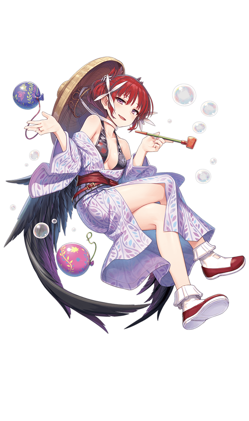 1girl balloon black_wings bubble crossed_legs feathered_wings full_body hat highres holding holding_pipe japanese_clothes kimono long_sleeves looking_at_viewer low_wings off_shoulder official_art open_mouth pipe redhead shirohime_quest solo transparent_background wings yukata