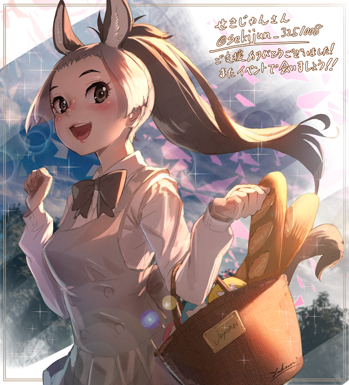 1girl :d animal_ear_fluff animal_ears basket black_hair black_neckwear blush bow bowtie bread commentary_request donkey_(kemono_friends) donkey_ears donkey_tail dress food grey_dress grey_hair japari_bun kemono_friends long_hair long_sleeves looking_at_viewer multicolored_hair open_mouth outdoors pinafore_dress pleated_dress ponytail shirt signature smile solo sparkle tail takami_masahiro translation_request upper_teeth white_shirt
