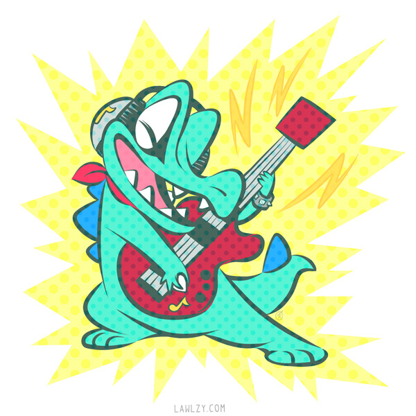 alternate_color closed_eyes commentary commission creature electric_guitar english_commentary full_body gen_2_pokemon guitar holding holding_instrument instrument music no_humans playing_instrument pokemon pokemon_(creature) shiny_pokemon solo standing totodile versiris