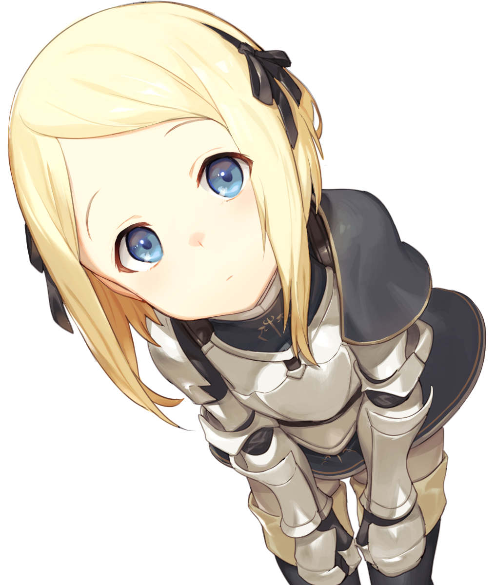 1girl armor armored_dress bangs black_capelet black_dress black_hairband black_ribbon blonde_hair blue_eyes blush boots breastplate capelet closed_mouth commentary_request dress forehead gauntlets hairband hands_on_own_knees head_tilt highres keemu_(occhoko-cho) leaning_forward looking_at_viewer original parted_bangs partial_commentary plate_armor ribbon short_hair simple_background skirt solo standing swept_bangs thigh-highs thigh_boots white_background