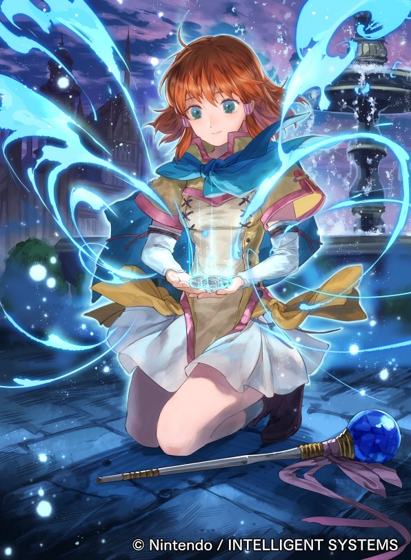 1girl blue_eyes brown_hair castle closed_mouth company_name copyright_name fire_emblem fire_emblem:_path_of_radiance fire_emblem_cipher full_body holding mayo_(becky2006) mist_(fire_emblem) official_art outdoors short_hair short_sleeves sky solo staff