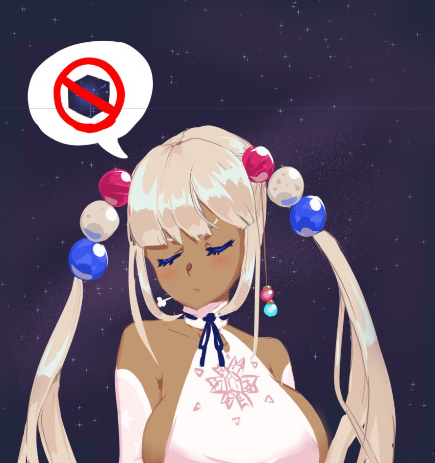 1girl :t ahoge annoyed blush breasts closed_mouth commentary cyzir_visheen dark-skinned_female dark_skin dress hololive hololive_english huge_breasts long_hair planet_hair_ornament pout sleeveless sleeveless_dress solo space speech_bubble tsukumo_sana virtual_youtuber