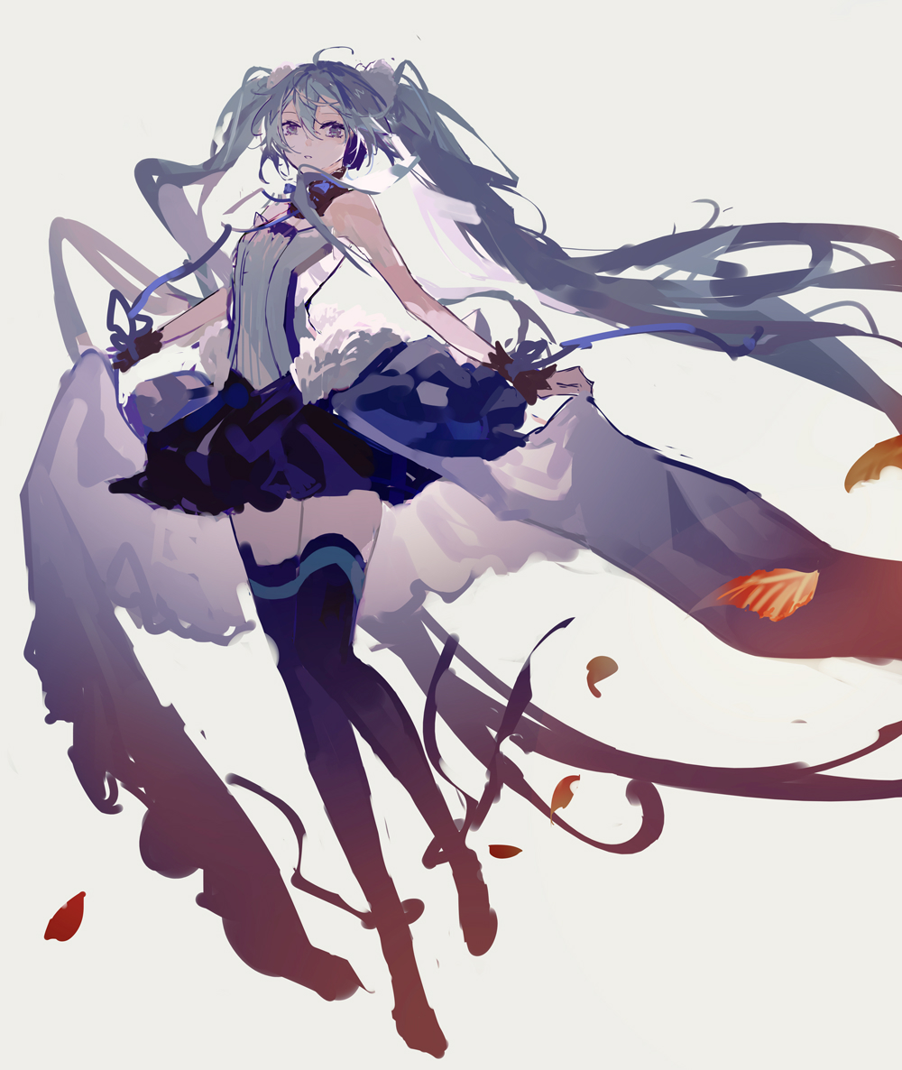 1girl 7th_dragon_(series) 7th_dragon_2020 ahoge amatsukiryoyu anklet bare_shoulders blue_eyes blue_hair blue_legwear blue_skirt commentary full_body grey_background hair_ribbon hatsune_miku jewelry leaf long_hair looking_at_viewer open_mouth parted_lips pom_pom_(clothes) ribbon simple_background skirt sleeveless solo thigh-highs twintails very_long_hair vocaloid zettai_ryouiki