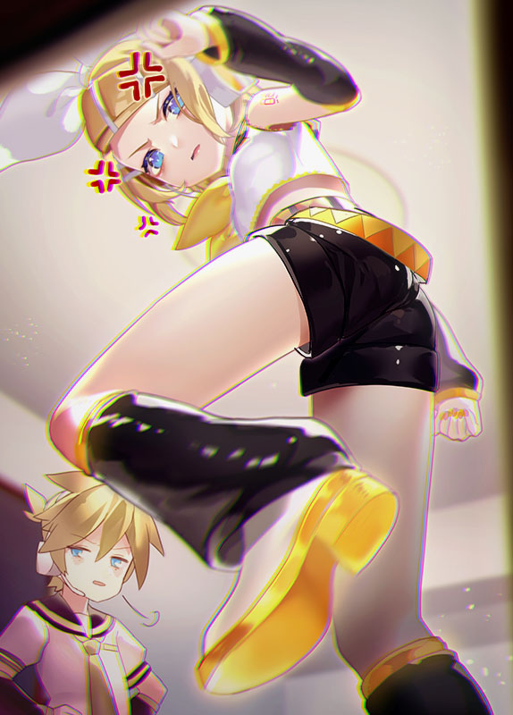 1boy 1girl anger_vein angry annoyed ass blonde_hair blue_eyes blurry bow breasts brother_and_sister ceiling clenched_hands commentary_request crop_top depth_of_field detached_sleeves dutch_angle from_below hair_bow hair_ornament hairclip hands_on_hips headset kagamine_len kagamine_rin leg_warmers necktie number_tattoo perspective sailor_collar sawashi_(ur-sawasi) shirt shorts shoulder_tattoo siblings sleeveless sleeveless_shirt small_breasts tattoo twins v-shaped_eyebrows vocaloid yellow_nails yellow_neckwear