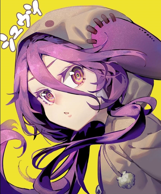 1girl :o animal_hood background_text bangs grey_hoodie hair_between_eyes hare_(yamihuji) hood hoodie long_hair looking_at_viewer multicolored multicolored_eyes no_game_no_life open_mouth pom_pom_(clothes) portrait purple_hair ringed_eyes shuvi_(no_game_no_life) simple_background solo translated violet_eyes yellow_background