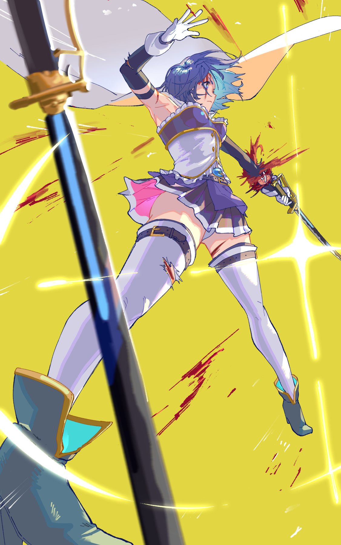 1girl ass_visible_through_thighs blood blood_on_arm blood_on_face blood_on_leg blood_spray blue_eyes blue_hair blue_skirt blurry_foreground cape corset cuts detached_sleeves dutch_angle elbow_gloves expressionless foreshortening from_below gloves hands_up highres holding holding_sword holding_weapon injury legs_apart mahou_shoujo_madoka_magica miki_sayaka panties pantyshot pantyshot_(standing) planted_sword planted_weapon pointing_sword pointing_weapon saber_(weapon) short_hair simple_background skirt sleeveless solo standing sword thigh-highs thighs torn_clothes torn_legwear underwear upskirt weapon white_cape white_corset white_gloves white_legwear white_panties wind wind_lift yellow_background yooki_(winter_cakes) zettai_ryouiki