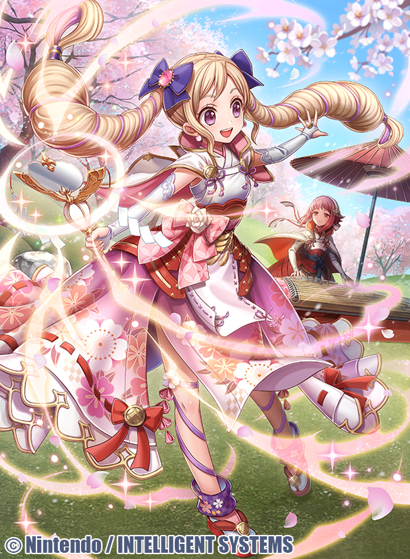 2girls black_bow blonde_hair blue_sky bow cherry_blossoms closed_mouth company_name copyright_name dress earrings elise_(fire_emblem) fire_emblem fire_emblem_cipher fire_emblem_fates fumi_(butakotai) grass hair_bow hairband holding holding_staff instrument japanese_clothes jewelry koto_(instrument) long_hair multicolored_hair multiple_girls official_art open_mouth outdoors petals pink_eyes pink_hair sakura_(fire_emblem) short_hair sky staff tree twintails umbrella violet_eyes white_hairband