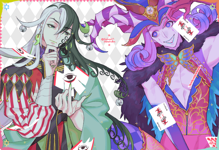 2boys abs argyle argyle_background argyle_legwear armpits ashiya_douman_(fate/grand_order) bell bishounen black_hair blue_eyes blue_lipstick cape card center_opening clown curly_hair earrings fate/grand_order fate_(series) fingernails frown fur-trimmed_cape fur_collar fur_trim green_earrings green_lipstick grin hat headpiece holding holding_card holding_weapon horns japanese_clothes jewelry joker kimono lipstick long_hair long_sleeves makeup male_focus medium_hair mephistopheles_(fate/grand_order) multicolored multicolored_eyes multicolored_hair multiple_boys pantyhose playing_card puffy_sleeves purple_hair ribbed_sleeves sara_(kurome1127) sharp_fingernails signature simple_background smile teardrop teeth thick_eyebrows two-tone_hair unzipped violet_eyes weapon white_hair white_skin