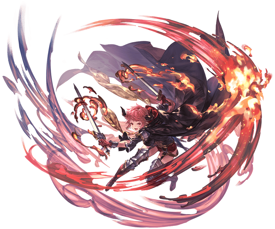 1girl asymmetrical_gloves bangs boots brown_eyes cape draph dual_wielding elbow_gloves fire full_body garter_straps gloves granblue_fantasy holding holding_sword holding_weapon hood hood_down horns leotard minaba_hideo official_art open_mouth pink_hair pointy_ears short_hair solo sturm_(granblue_fantasy) sword thigh-highs thigh_boots transparent_background weapon wide_sleeves