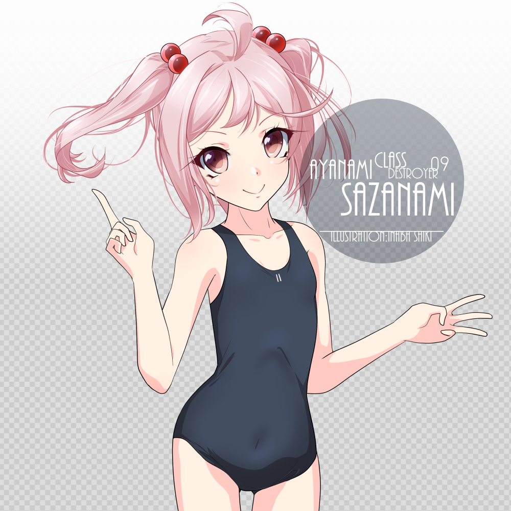 1girl artist_name black_swimsuit character_name checkered checkered_background collarbone commentary_request flat_chest gradient gradient_background hair_bobbles hair_ornament inaba_shiki index_finger_raised kantai_collection looking_at_viewer new_school_swimsuit nontraditional_school_swimsuit pink_eyes pink_hair sazanami_(kantai_collection) school_swimsuit short_hair smile solo swimsuit twintails