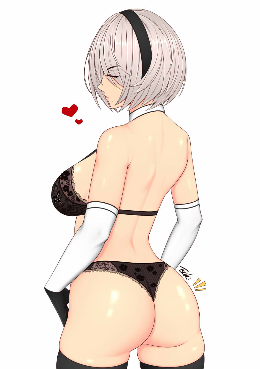 1girl artist_name ass black_bra black_headband black_panties bra breasts choker closed_eyes cowboy_shot gloves headband heart highres large_breasts leotard lips mole mole_under_mouth nier_(series) nier_automata panties parted_lips ryu_seung signature thighs thong underwear white_choker white_gloves white_hair yorha_no._2_type_b