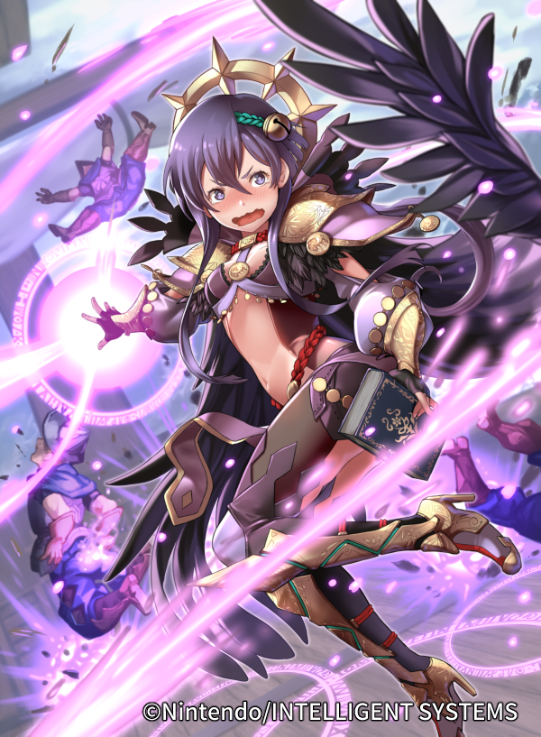 1girl armor black_gloves black_wings blush book company_name copyright_name feathered_wings fingerless_gloves fire_emblem fire_emblem_cipher gloves high_heels holding holding_book i-la official_art open_mouth purple_hair solo_focus violet_eyes wings yuzu_(fire_emblem)