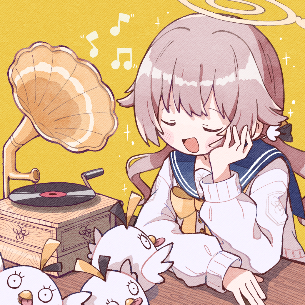 1girl blue_archive blush closed_eyes commentary_request halo hifumi_(blue_archive) koru_koruno light_brown_hair listening_to_music long_hair low_twintails musical_note open_mouth parody ribbon school_uniform stuffed_animal stuffed_toy table twintails yellow_background