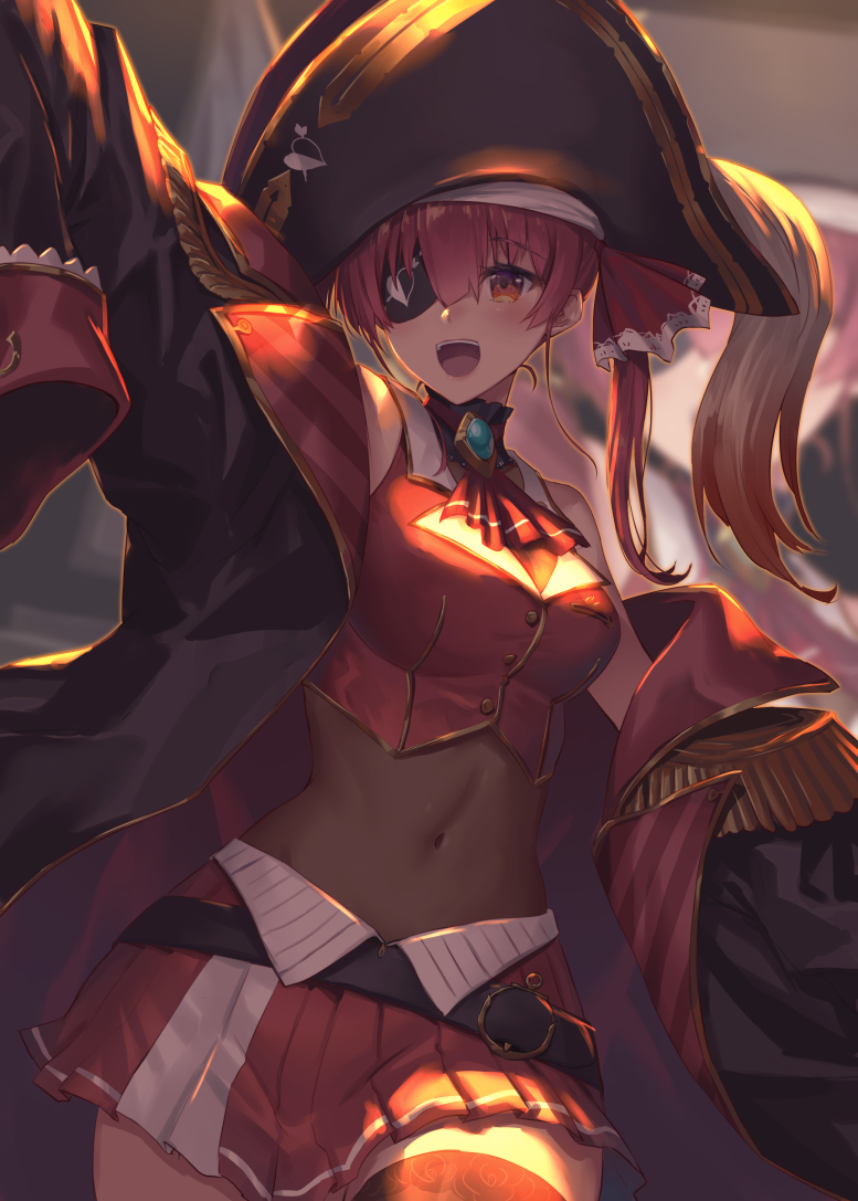 1girl arrow_through_heart bangs bare_shoulders belt bicorne black_coat blush breasts coat concert covered_navel cowboy_shot eyepatch hat hololive houshou_marine large_breasts long_hair miniskirt open_mouth oukawa_yuu pirate_hat pleated_skirt red_eyes red_skirt redhead screen shade shirt skirt sleeveless sleeveless_shirt sleeves_past_fingers sleeves_past_wrists smile solo stage thigh-highs thighs twintails virtual_youtuber zettai_ryouiki