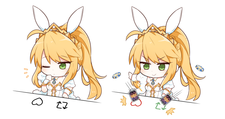 1girl ahoge animal_ears artoria_pendragon_(all) artoria_pendragon_(lancer) artoria_pendragon_(swimsuit_ruler)_(fate) bangs blonde_hair blue_neckwear bongo_cat braid breasts bunny_girl bunnysuit card closed_mouth commission crown detached_collar english_commentary fate/grand_order fate_(series) feather_boa french_braid green_eyes high_ponytail large_breasts leotard long_hair one_eye_closed playing_card poker_chip rabbit_ears rabi_(swordofthestone) smile twitter white_leotard wrist_cuffs