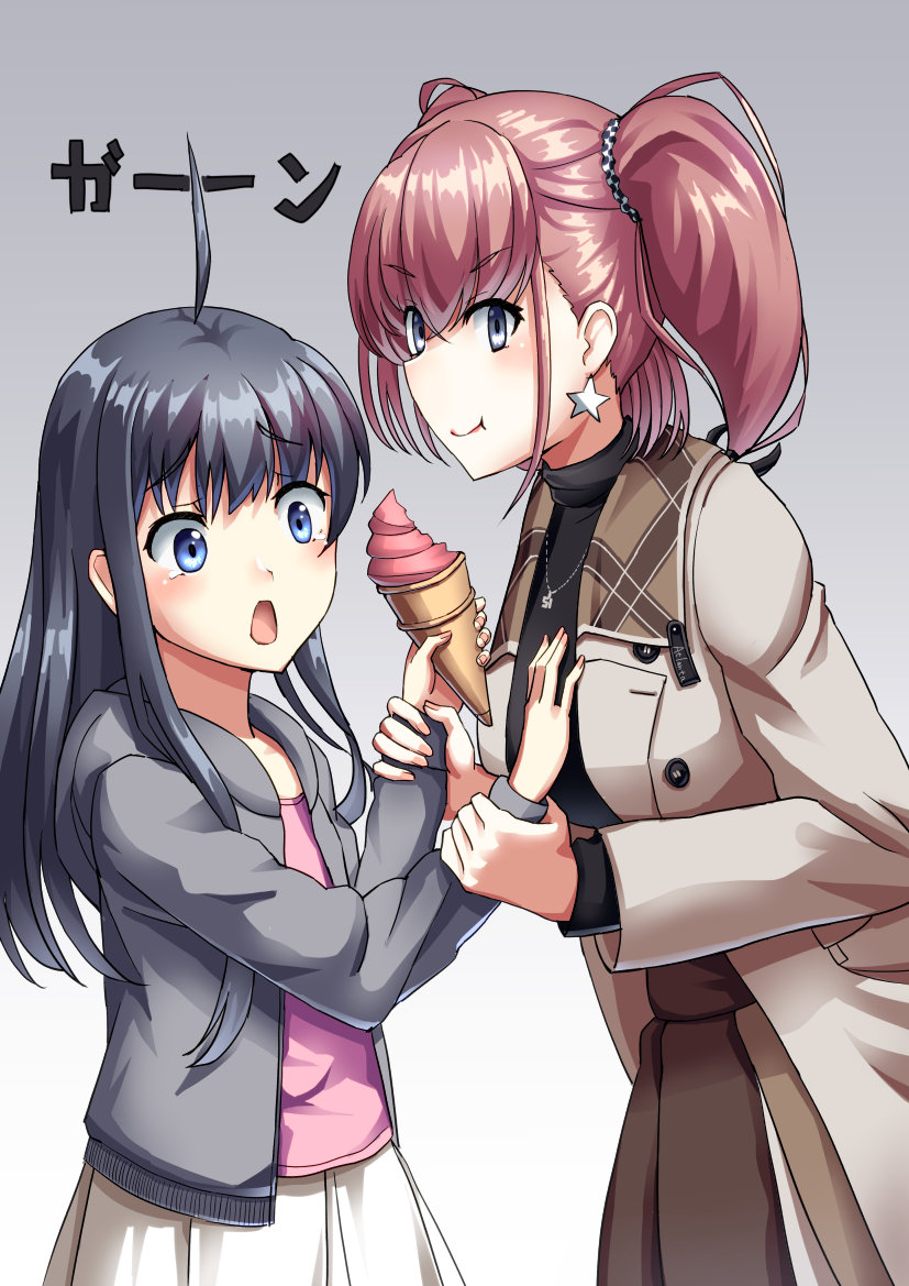 2girls ahoge akatsuki_(kantai_collection) alternate_costume anchor_hair_ornament atlanta_(kantai_collection) black_hair black_sweater blouse blue_eyes brown_coat brown_hair brown_skirt coat commentary_request cowboy_shot earrings eating food gradient gradient_background grey_background grey_eyes grey_jacket hair_ornament hand_on_another's_chest hood hooded_jacket hoodie ice_cream jacket jewelry kantai_collection long_hair long_skirt mayura2002 mixed-language_commentary multiple_girls open_mouth pink_blouse pleated_skirt skirt star star_earrings sweater tearing_up tears turtleneck two_side_up white_skirt