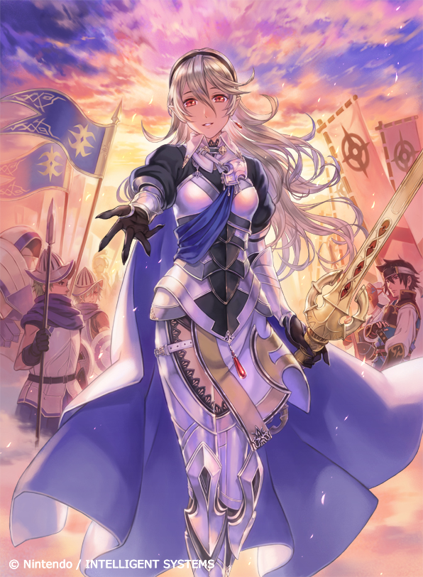 1girl armor black_gloves black_hairband blue_cape cape clouds company_name copyright_name corrin_(fire_emblem) corrin_(fire_emblem)_(female) fgo_ave fire_emblem fire_emblem_cipher fire_emblem_fates gloves hairband helmet holding holding_sword holding_weapon long_hair official_art outdoors parted_lips pointy_ears polearm red_eyes shield short_hair sky solo_focus sword weapon white_hair