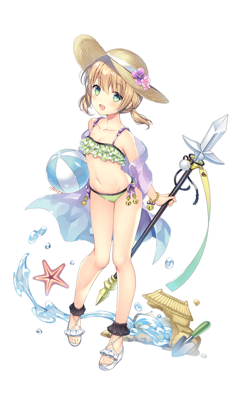 1girl ball beachball bell bikini bracelet eyebrows_visible_through_hair flower frilled_bikini frills full_body green_bikini green_eyes hat hat_flower highres holding holding_ball holding_weapon jewelry light_brown_hair looking_at_viewer navel official_art open_mouth partisan polearm sand_castle sand_sculpture shirohime_quest short_twintails shovel solo starfish sun_hat swimsuit transparent_background twintails water weapon