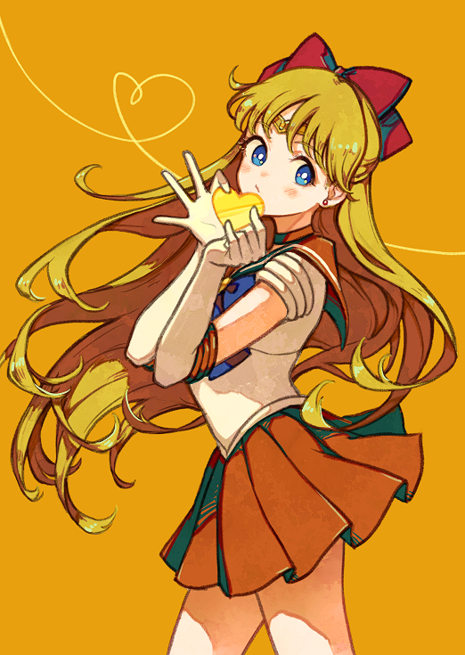 1girl aino_minako akagi_shun bangs bishoujo_senshi_sailor_moon blonde_hair blue_bow blue_eyes blush bow bright_pupils circlet closed_mouth commentary cowboy_shot earrings elbow_gloves from_side gloves hair_bow heart heart_of_string holding holding_heart jewelry long_hair looking_at_viewer looking_to_the_side miniskirt orange_background orange_sailor_collar orange_skirt orange_theme pleated_skirt red_bow sailor_collar sailor_venus shirt short_sleeves simple_background skirt solo stud_earrings symbol_commentary very_long_hair white_gloves white_shirt