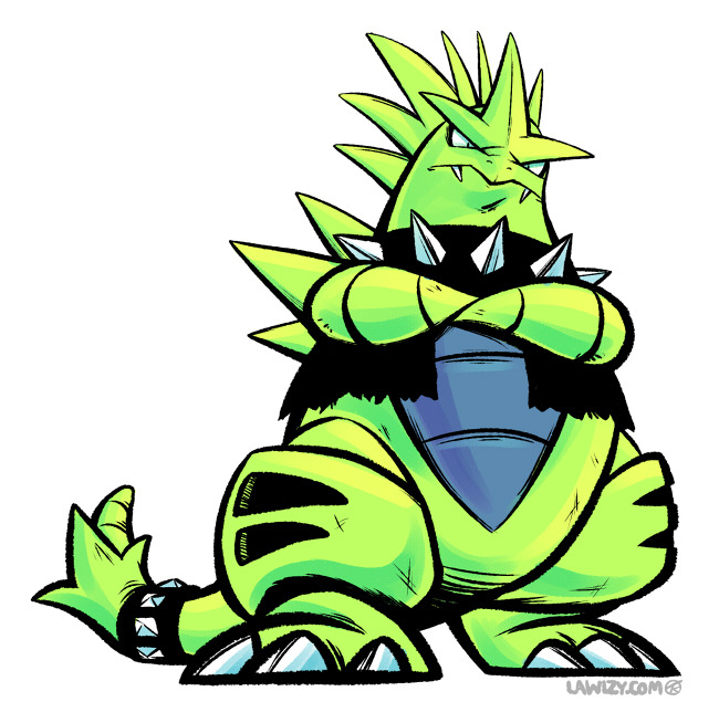 claws closed_mouth clothed_pokemon collar commentary creature crossed_arms english_commentary fangs full_body gen_2_pokemon looking_at_viewer no_humans pokemon pokemon_(creature) serious simple_background solo spiked_collar spikes standing tyranitar versiris white_background