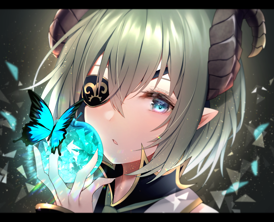 1girl apple blue_eyes bug butterfly close-up eyelashes eyepatch face food fruit green_hair green_neckwear hair_between_eyes honey_strap horns insect letterboxed light_particles looking_at_viewer necktie parted_lips portrait sekishiro_mico short_hair solo virtual_youtuber yuyutan0904