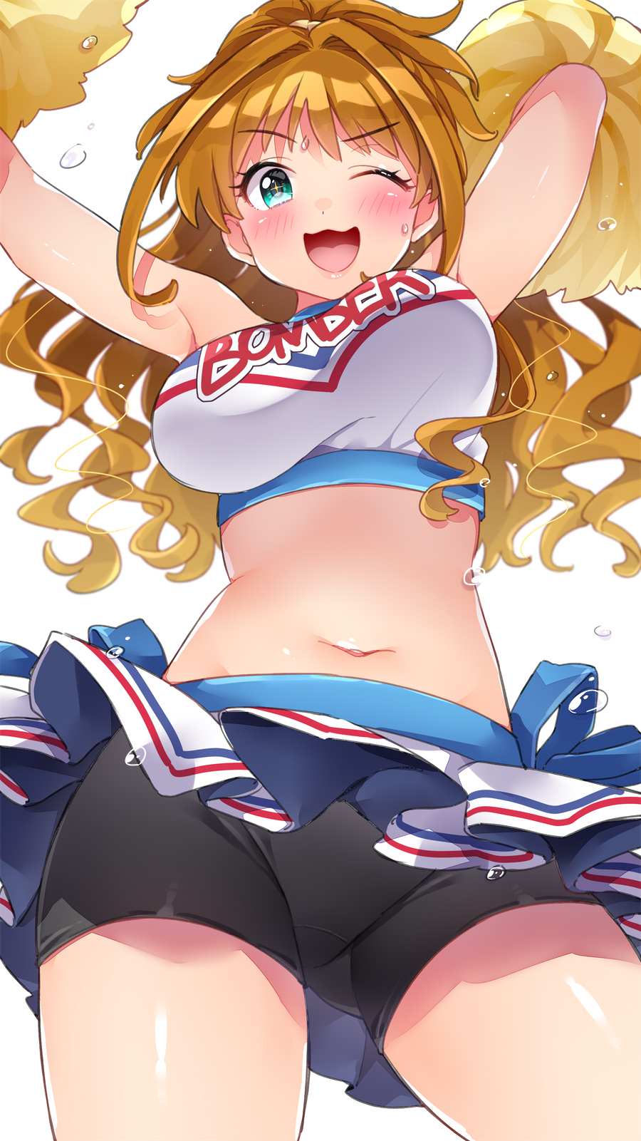 1girl ;d aqua_eyes armpits arms_up bare_shoulders bike_shorts black_shorts breasts brown_hair cheerleader commentary_request cowboy_shot crop_top groin highres hino_akane_(idolmaster) holding idolmaster idolmaster_cinderella_girls large_breasts long_hair looking_at_viewer midriff miniskirt mio_(mgr300) navel one_eye_closed open_mouth pom_poms ponytail shirt short_shorts shorts shorts_under_skirt skirt sleeveless sleeveless_shirt smile solo stomach sweat v-shaped_eyebrows wavy_hair white_shirt white_skirt