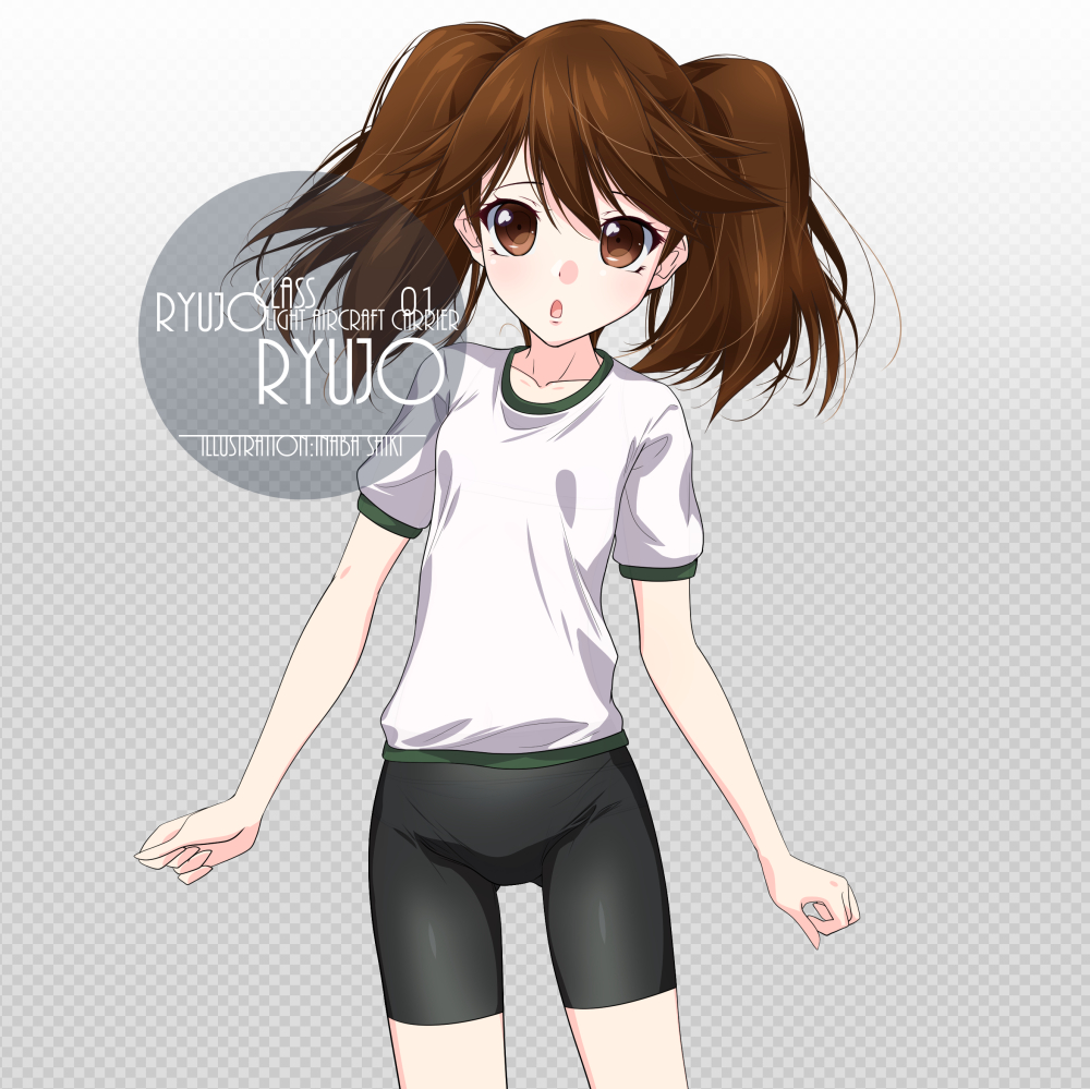 1girl artist_name bike_shorts black_shorts brown_eyes brown_hair character_name checkered checkered_background cowboy_shot flat_chest gradient gradient_background grey_background gym_uniform inaba_shiki kantai_collection long_hair looking_at_viewer ryuujou_(kantai_collection) shirt shorts solo standing t-shirt twintails white_shirt