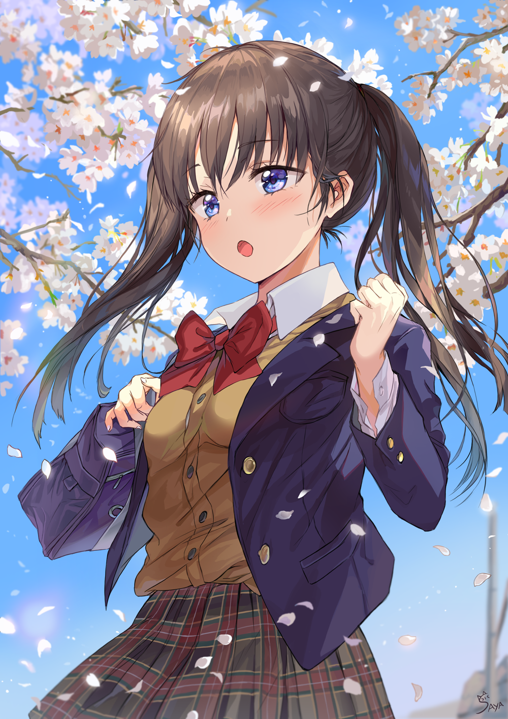 1girl :o artist_name bangs blue_bag blue_eyes blue_jacket blush breasts brown_hair brown_skirt cherry_blossoms commentary_request day eyebrows_visible_through_hair highres jacket long_hair long_sleeves looking_at_viewer medium_breasts open_mouth original outdoors saya_(mychristian2) school_uniform skirt solo spring_(season) twintails uniform