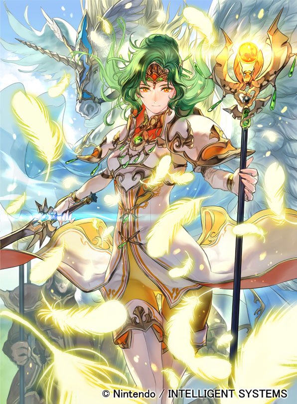 1girl armor closed_mouth company_name copyright_name dress elincia_ridell_crimea feathers fire_emblem fire_emblem:_path_of_radiance fire_emblem_cipher green_hair holding holding_staff holding_sword holding_weapon long_hair official_art orange_eyes pegasus solo_focus staff suzuki_rika sword weapon