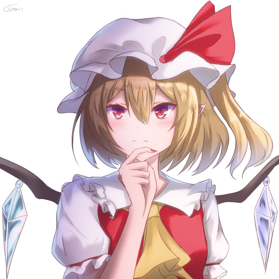 1girl blonde_hair cravat expressionless eyebrows_visible_through_hair finger_to_chin fingernails flandre_scarlet frilled_shirt_collar frills hair_between_eyes hat hat_ribbon light_blush looking_at_viewer mob_cap one_side_up pointy_ears puffy_short_sleeves puffy_sleeves red_eyes red_nails red_vest ribbon sharp_fingernails shiny shiny_hair shiranui_(wasuresateraito) shirt short_hair short_sleeves simple_background solo touhou upper_body vest white_background white_headwear white_shirt wings yellow_neckwear