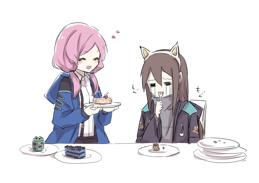 2girls animal_ears arknights blue_jacket blue_poison_(arknights) blush brown_hair cake cat_ears closed_eyes collared_shirt crying doctor_(arknights) eating fake_animal_ears feeding female_doctor_(arknights) food fork hairband hand_on_wall heart hooded_coat jacket long_hair multiple_girls nejikyuu pink_hair plate shirt simple_background twintails white_hair
