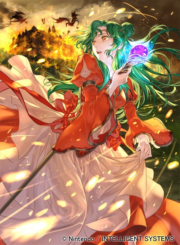 1girl castle company_name copyright_name dress elincia_ridell_crimea fire fire_emblem fire_emblem:_path_of_radiance fire_emblem_cipher green_hair holding holding_staff long_hair long_sleeves looking_back official_art open_mouth orange_eyes outdoors sky solo staff suzuki_rika