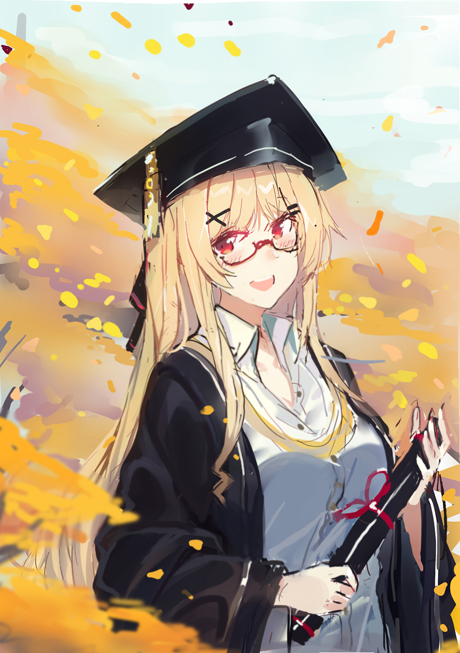 1girl bangs blonde_hair blush breasts cloak collared_shirt constellation_(warship_girls_r) day diploma echj glasses graduation hair_ornament hat highres long_hair looking_at_viewer mortarboard open_mouth outdoors red_eyes semi-rimless_eyewear shirt sidelocks smile solo tassel tube under-rim_eyewear warship_girls_r white_shirt wide_sleeves x_hair_ornament