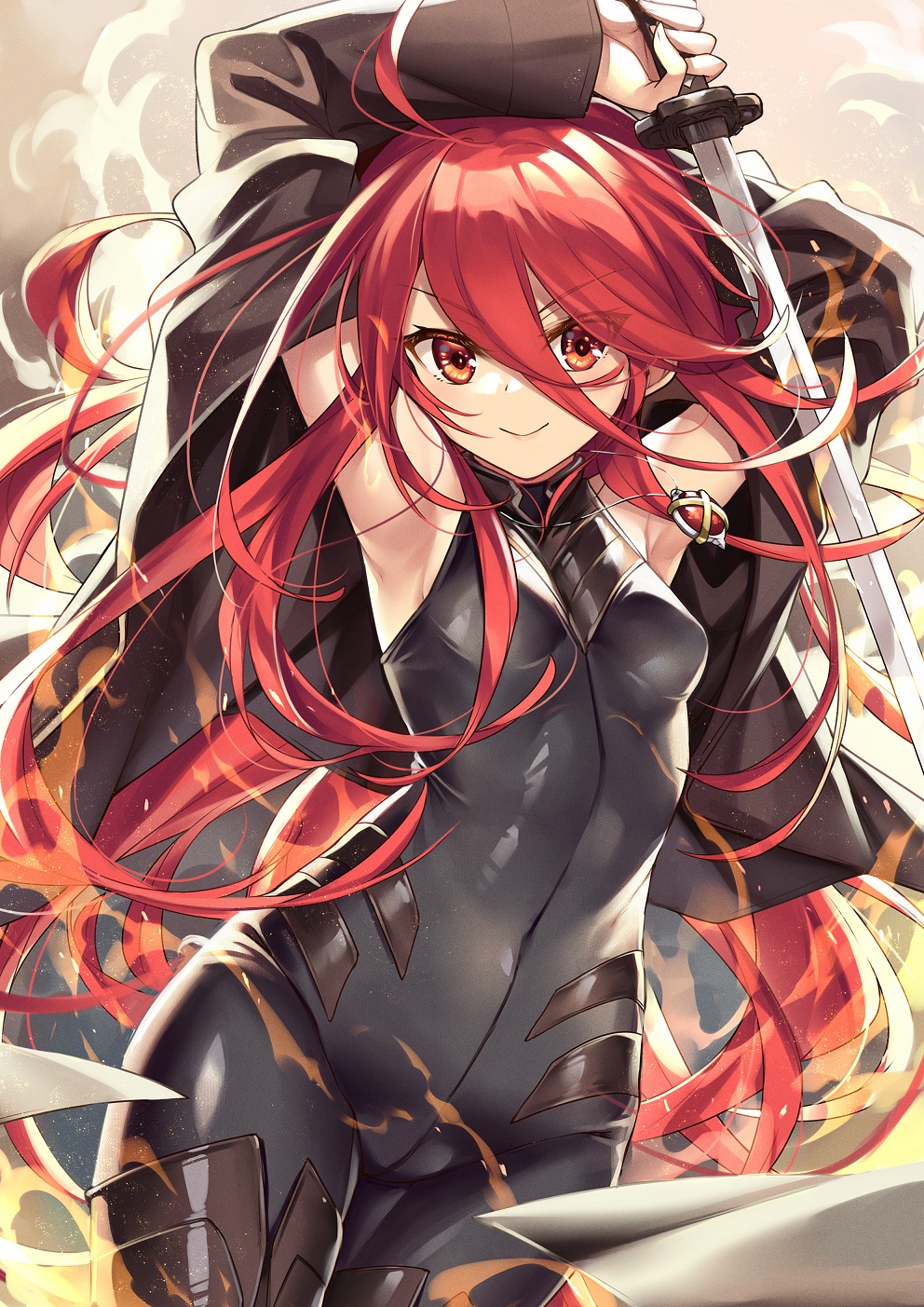 1girl ahoge alastor_(shakugan_no_shana) alternate_costume arms_up bodysuit breasts coat commentary_request covered_navel eyebrows_visible_through_hair eyes_visible_through_hair fire hair_between_eyes highres jewelry katana ks long_hair looking_at_viewer necklace orange_eyes redhead shakugan_no_shana shana sleeveless small_breasts smile solo sword tsurime very_long_hair weapon