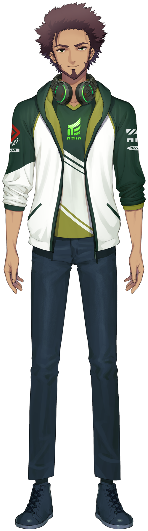 1boy artist_request blue_footwear blue_pants closed_mouth dark_skin dark_skinned_male denim full_body headphones headphones_around_neck highres jacket jeans looking_at_viewer male_focus nijisanji nijisanji_in official_art pants smile solo standing tachi-e transparent_background vihaan virtual_youtuber white_jacket