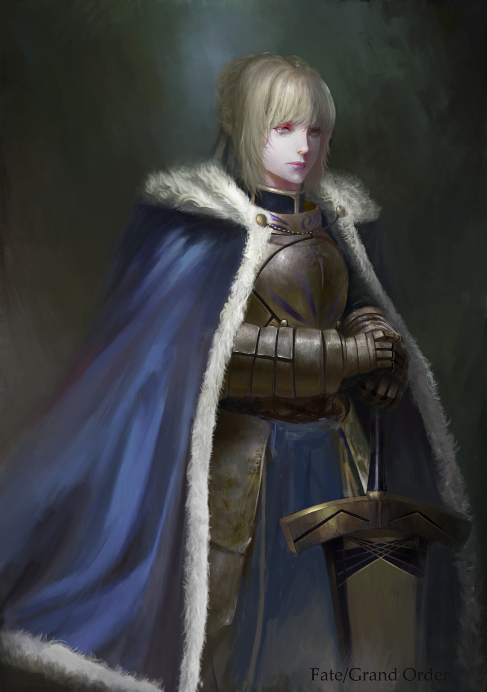 1girl armor armored_dress artoria_pendragon_(all) avalon_(fate/stay_night) blonde_hair blue_cape blue_dress braid breastplate cape capelet dress excalibur fate/grand_order fate/stay_night fate_(series) french_braid fur-trimmed_cape fur_trim highres little_owl looking_away painterly planted_weapon saber solo weapon